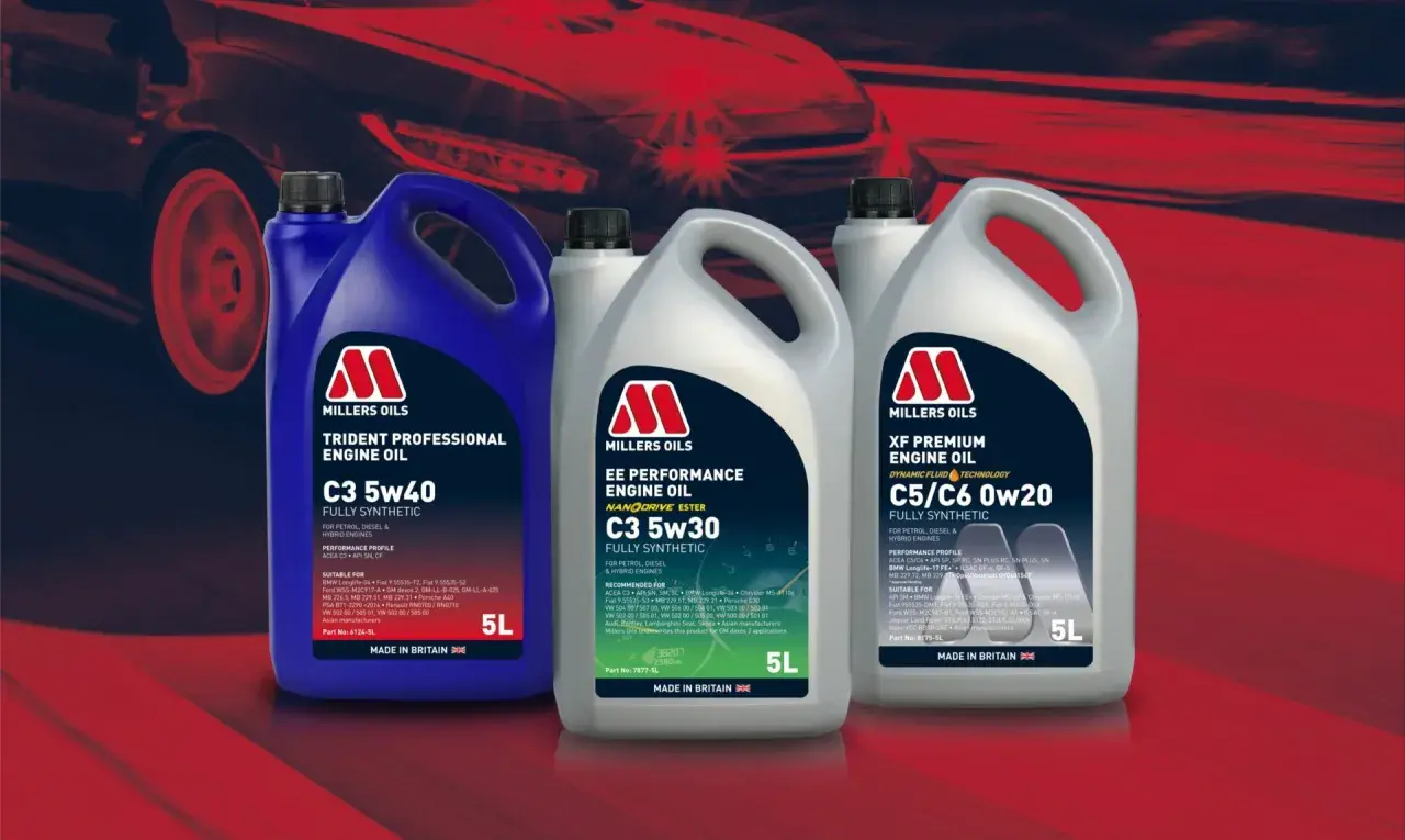 Millers Oils dobierz olej: trzy kanistry z olejem silnikowym Millers Oils w różnych kolorach, na tle stylizowanego samochodu.