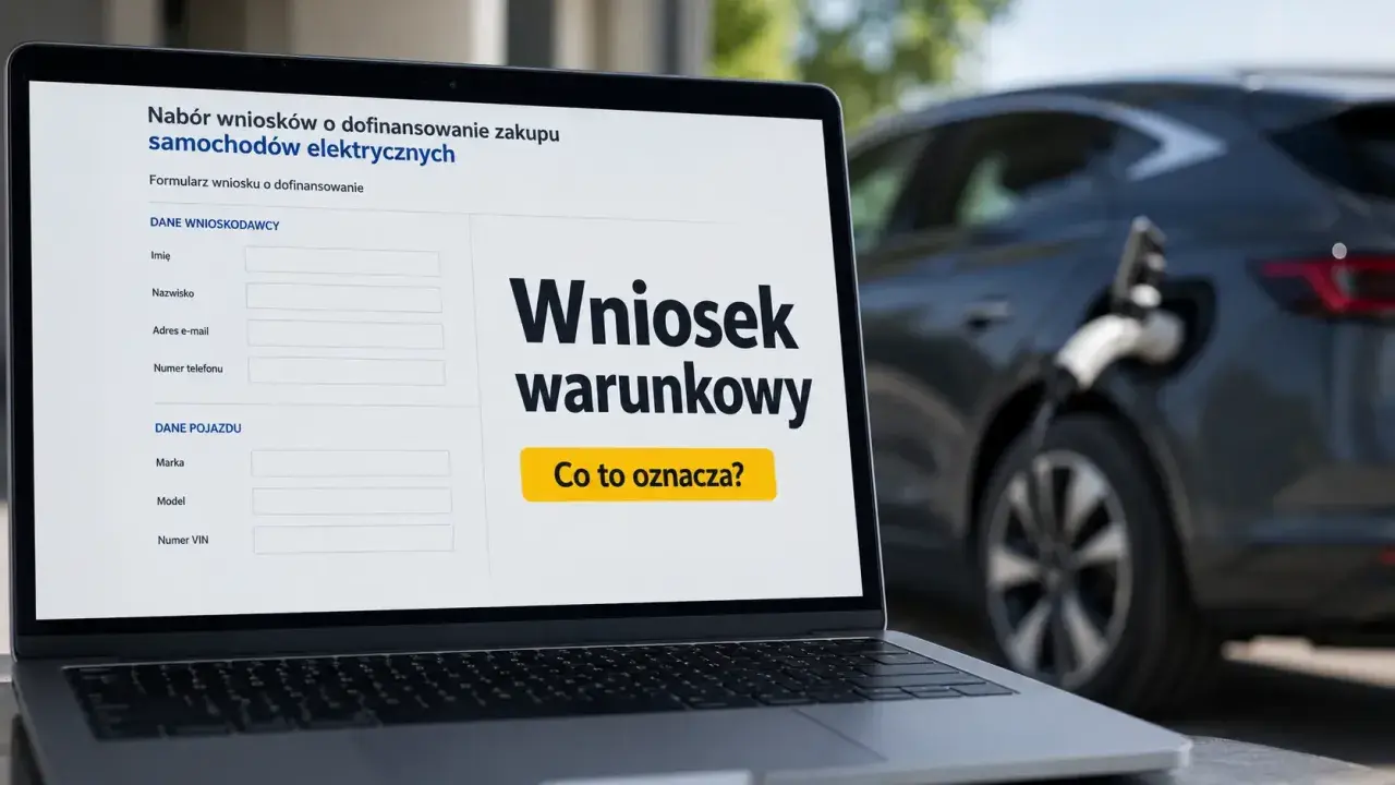 Laptop wyświetla formularz wniosku o dofinansowanie zakupu samochodu elektrycznego, w tle ładowany samochód elektryczny.