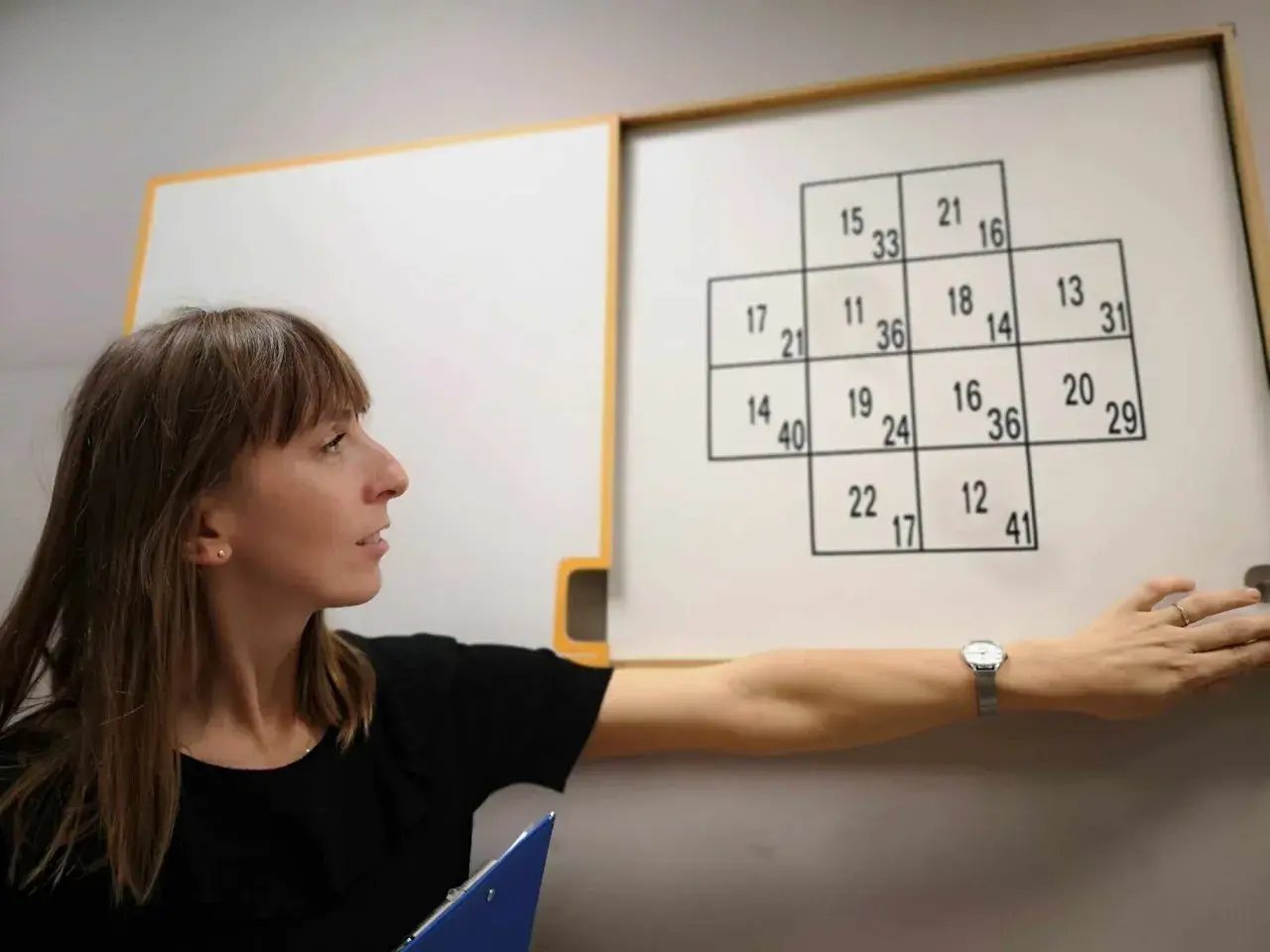 Kobieta wskazuje na tablicę z zadaniem liczbowym, przypominającym test psychologiczny.