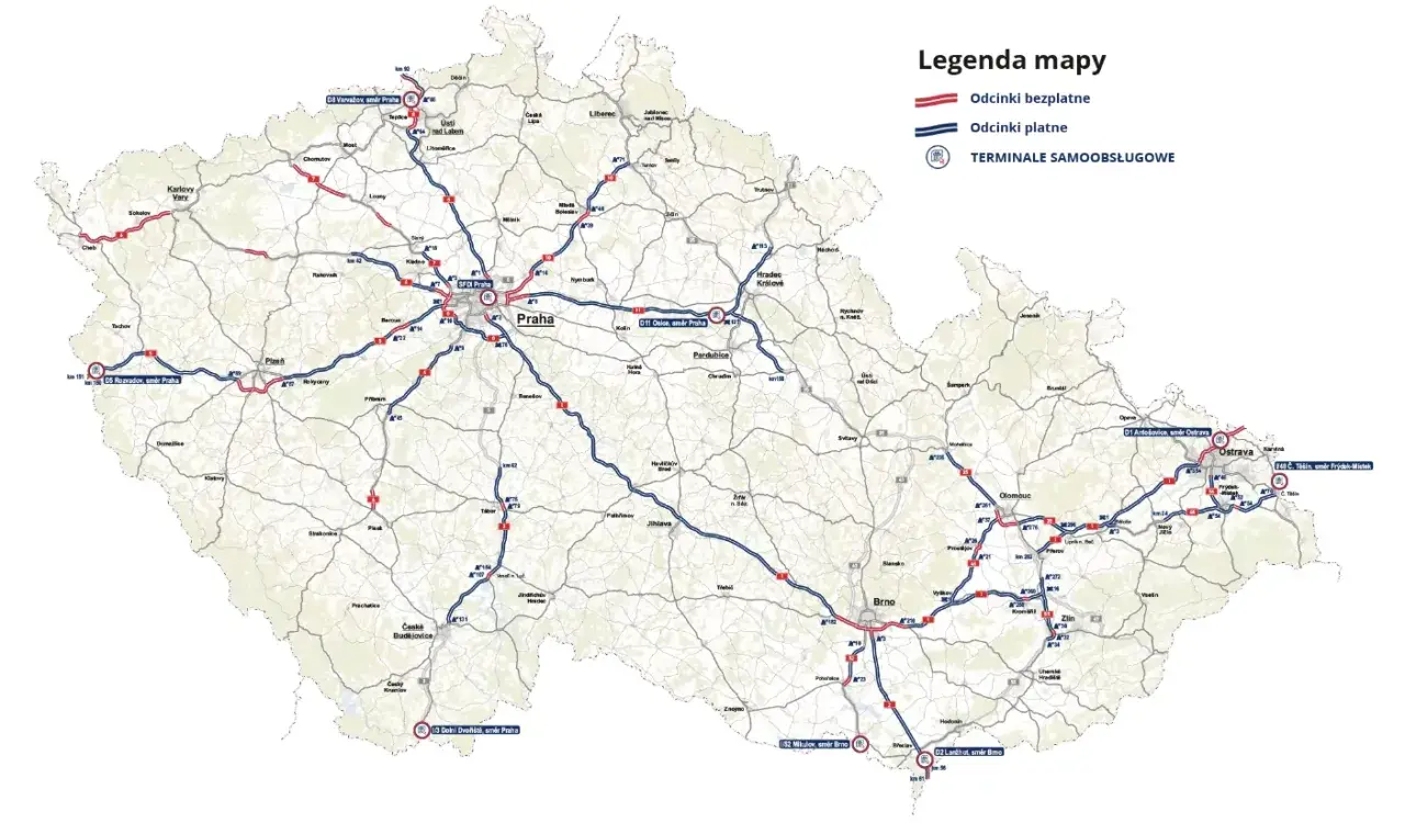 Mapa Czech z zaznaczonymi odcinkami płatnymi i bezpłatnymi autostrad. Gdzie kupić e-winiety Czechy? Sprawdź legendę mapy.