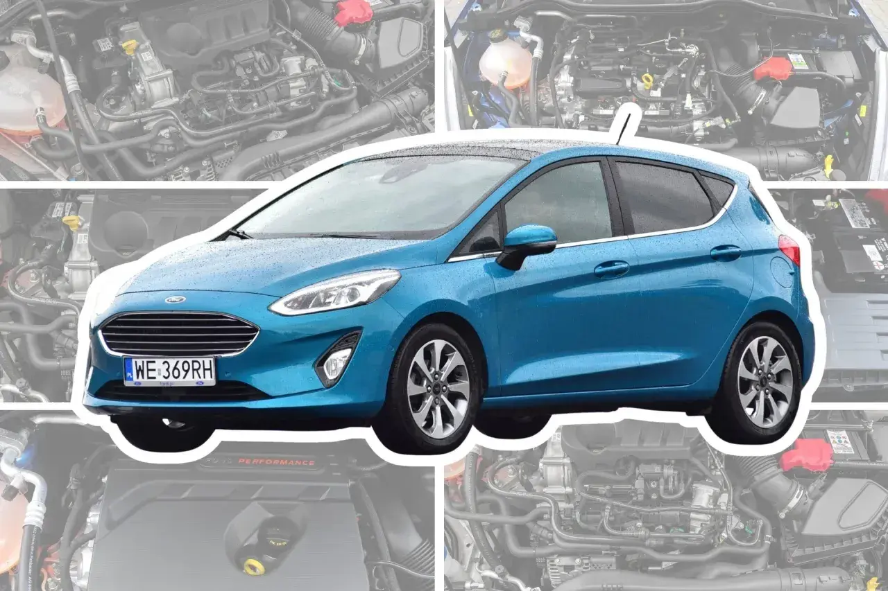 Niebieski Ford Fiesta MK5 z widocznym silnikiem pod maską.