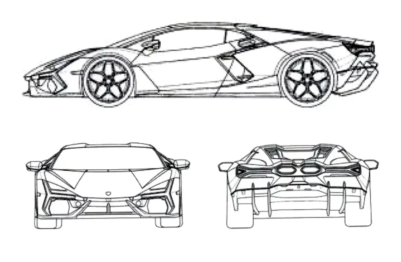 Szkic techniczny Lamborghini, pokazujący jak narysować ten sportowy samochód z różnych perspektyw: z boku, przodu i tyłu.