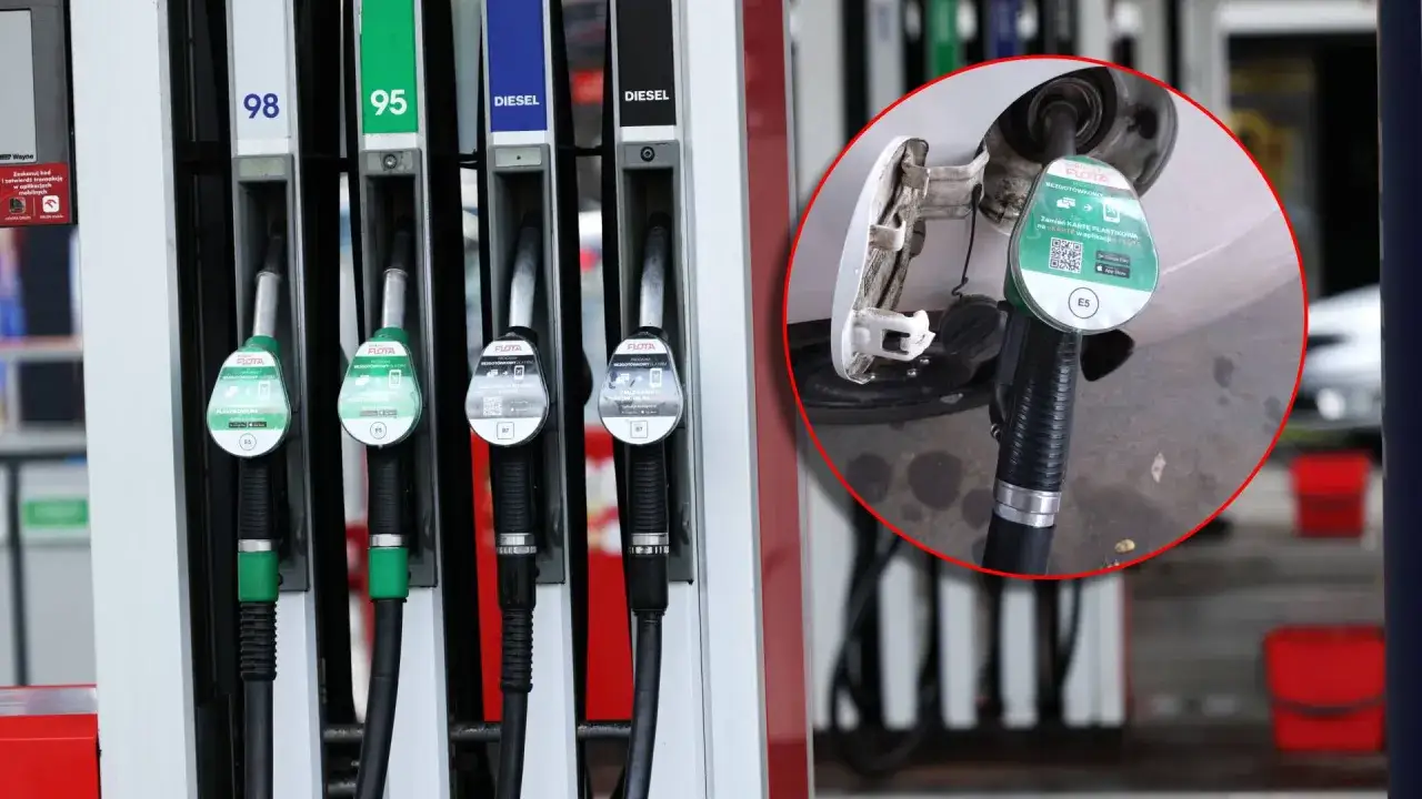 Dystrybutory paliwa z oznaczeniami 98, 95 i Diesel. W powiększeniu widać wlew paliwa z pistoletem, gdzie E5 informuje, co oznacza liczba oktanowa.