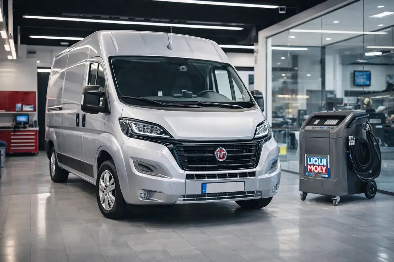 Srebrny Fiat Ducato 2.3 czeka na serwis. Ile oleju do silnika? Obok stoi maszyna do wymiany płynów.