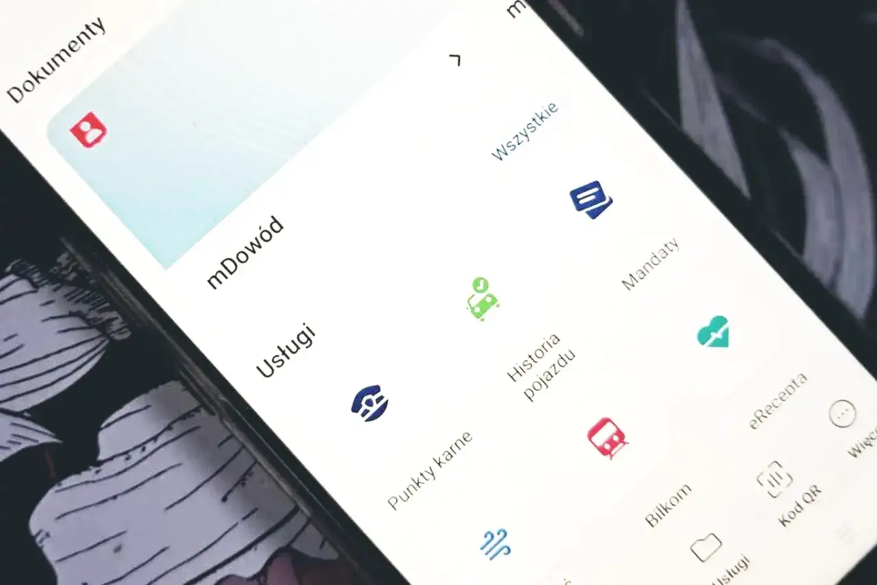 Aplikacja mobilna z opcjami: mDowód, Usługi, Punkty karne, Historia pojazdu, Mandaty. Sprawdź, jak sprawdzić niezapłacone mandaty.