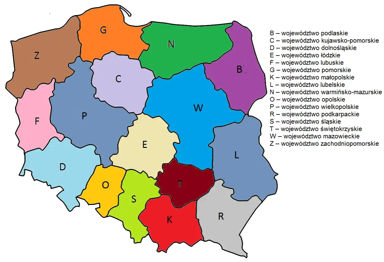 Mapa Polski z podziałem na województwa, oznaczone literami od B do Z. Każda litera odpowiada konkretnym tablice rejestracyjne państw.