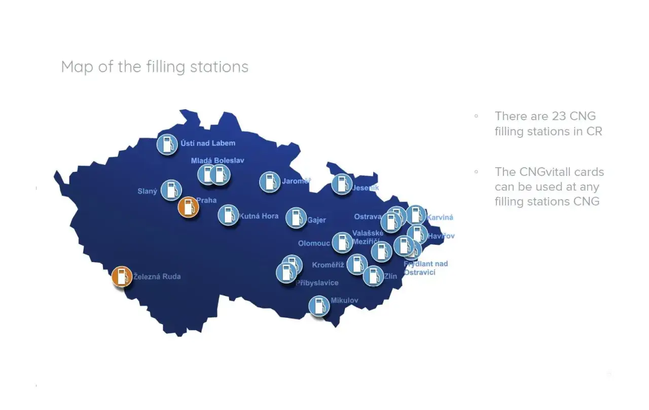 Mapa stacji CNG w Czechach. Znajdź punkty, gdzie tankować cng, od Pragi po Ostrawę.
